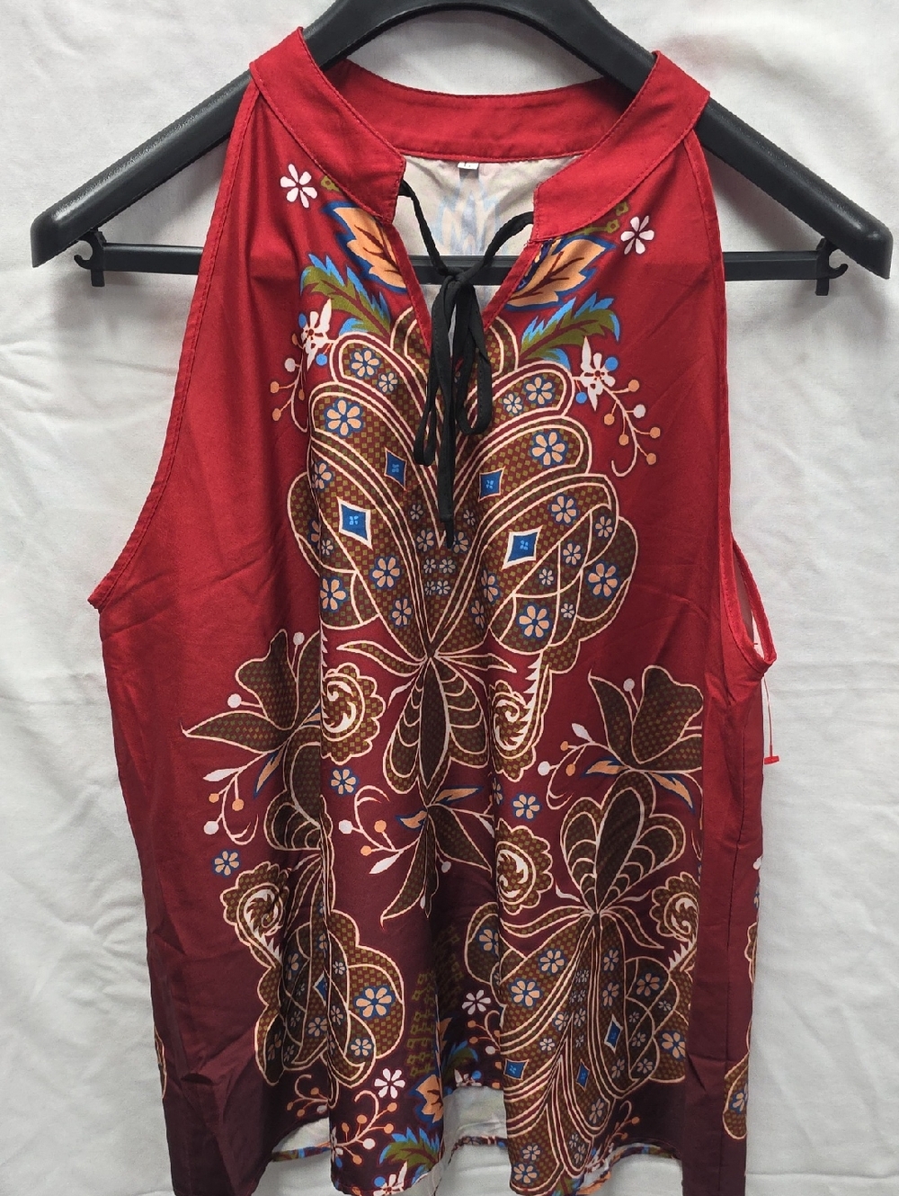 Sleeveless Red Boho Lace-Up Tank Top